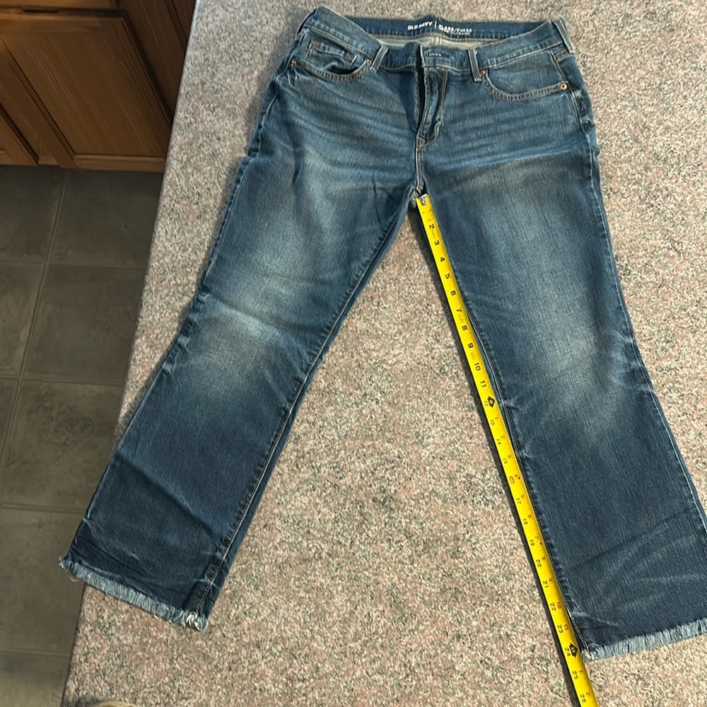 Old Navy Flare, Mid-Rise, Crop/Fringe bottom. Worn once, just not for me.